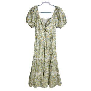Japna Floral Maxi Dress Medium Puff Sleeve Milkmaid Cottagecore Garden NEW